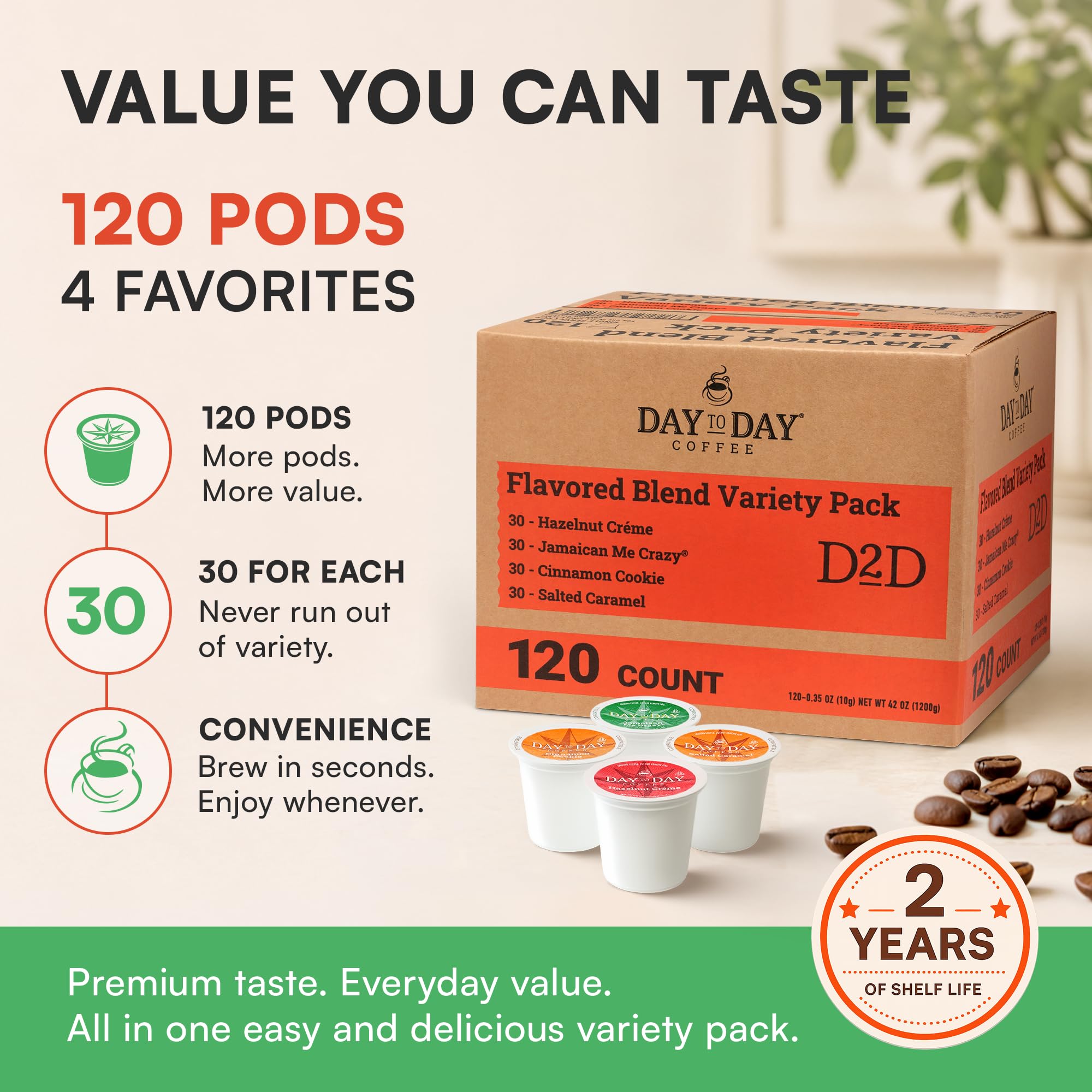 Lifestyle kitchen scene with Day To Day variety pack on counter highlighting convenience for home routines