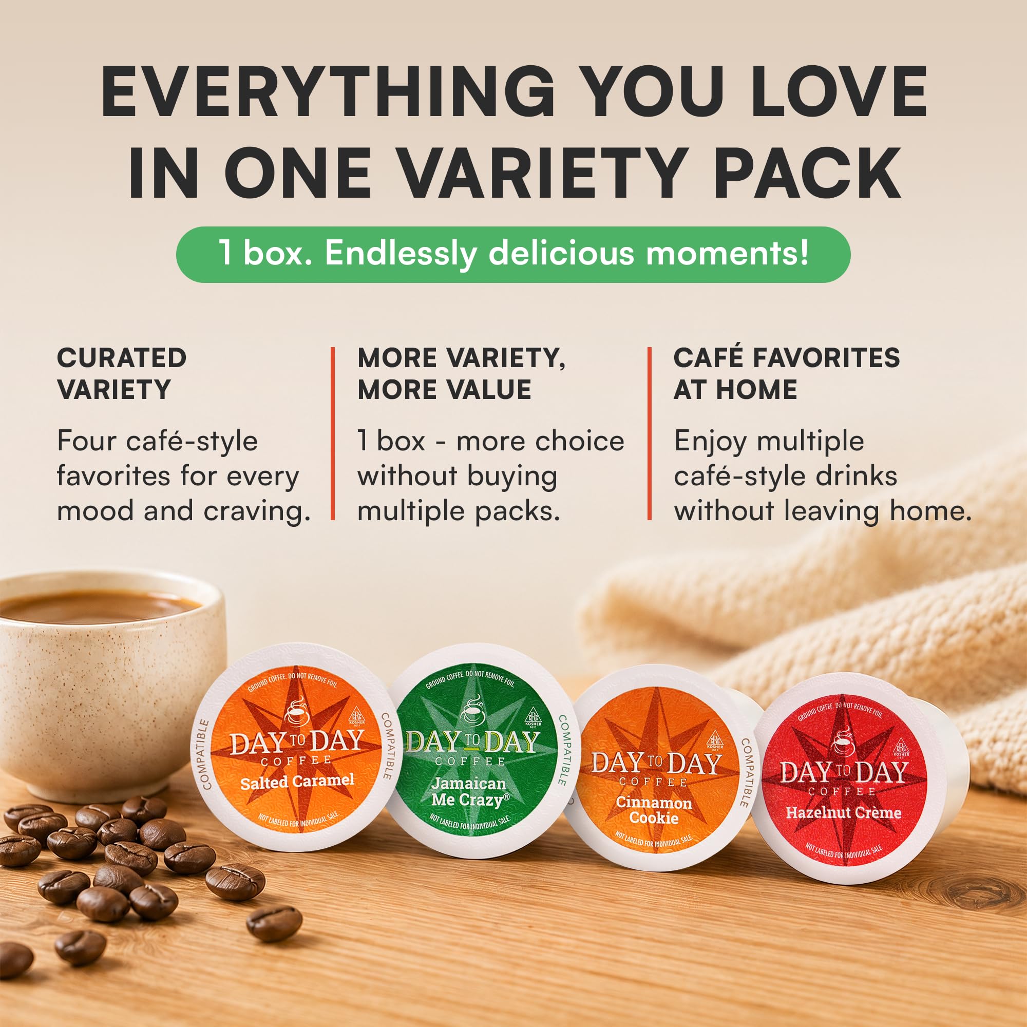 Freshly brewed Day To Day flavored coffee poured into a mug showcasing rich color and dessert-inspired aroma