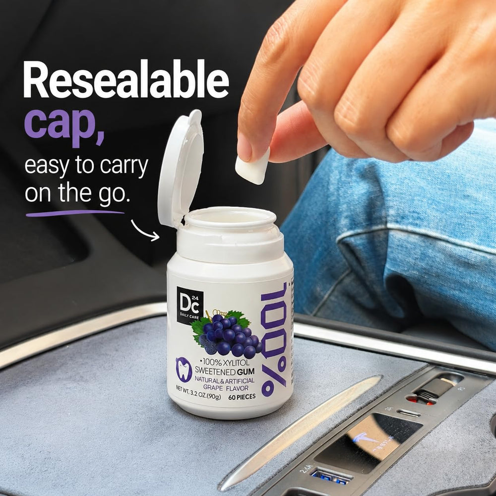 DC24 DAILY CARE gum bottle in a cupholder for on-the-go breath refresh