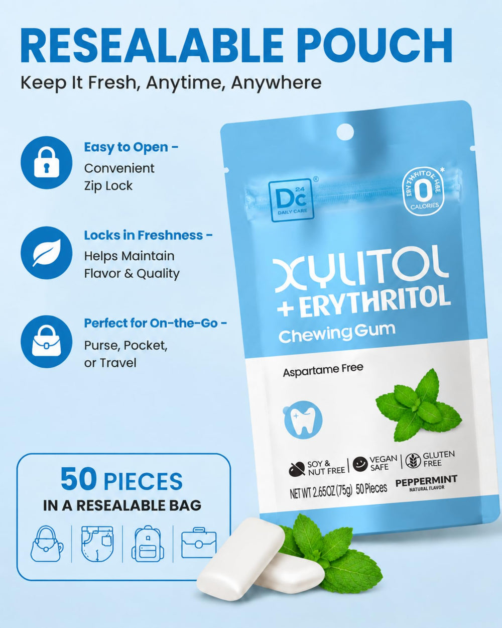 DC24 DAILY CARE gum in a purse illustrating on-the-go breath-freshening convenience