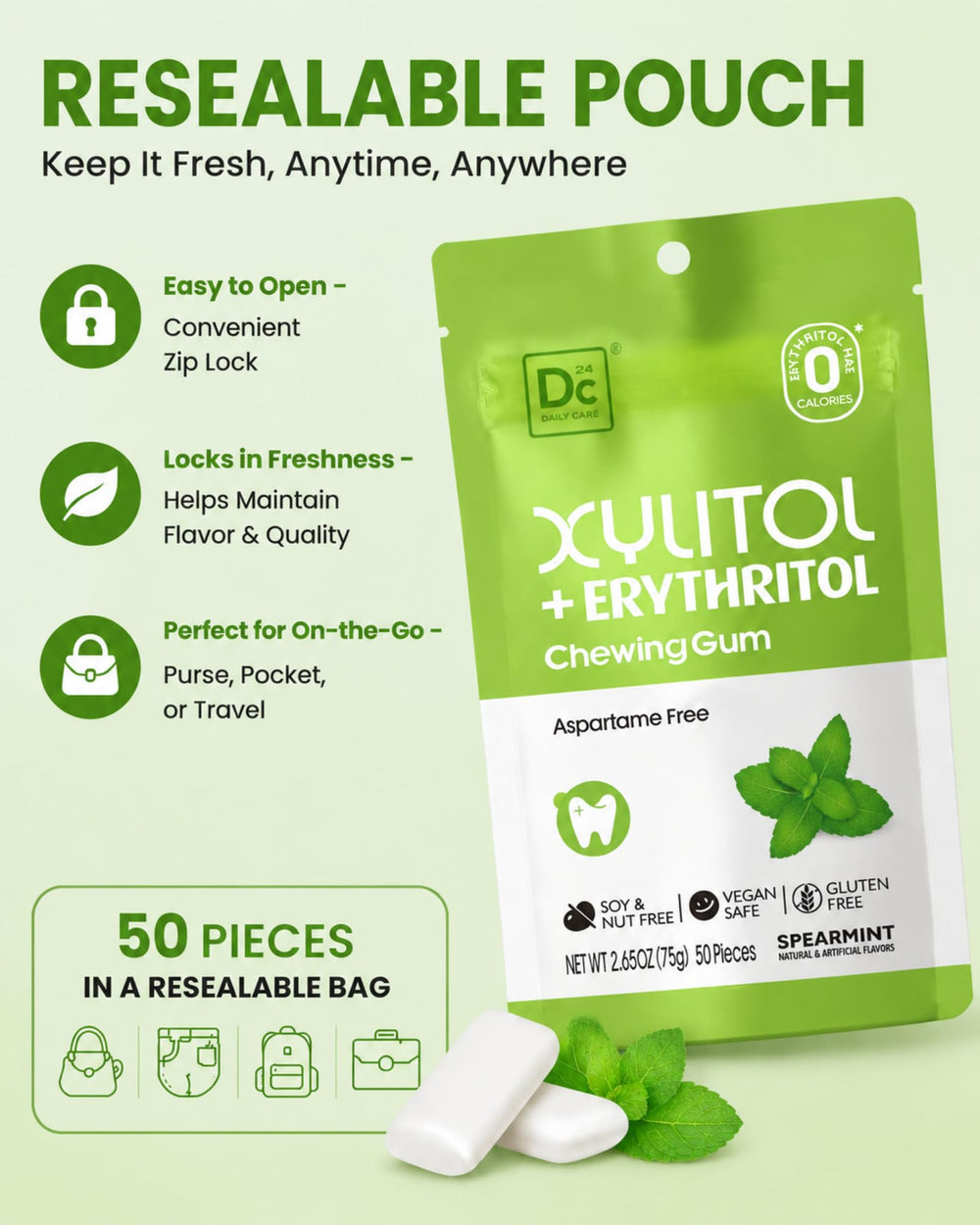 DC24 DAILY CARE gum in a purse near keys for on-the-go breath freshening