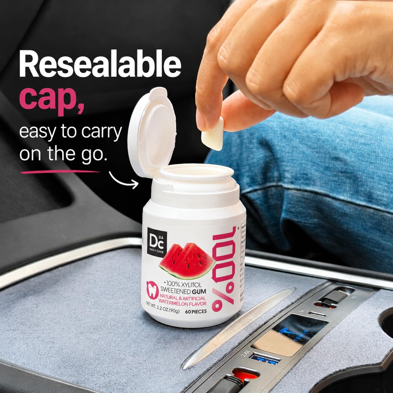 DC24 DAILY CARE gum in a purse scene highlighting freshness on the go