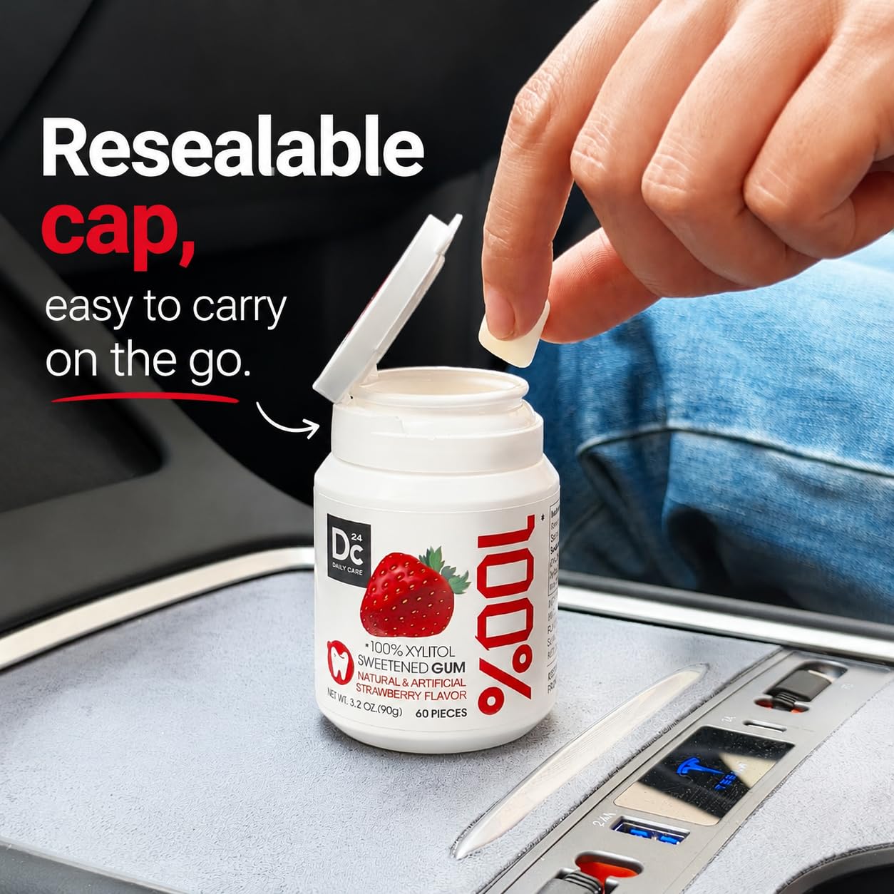DC24 DAILY CARE bottle in purse and car cupholder illustrating on-the-go freshness