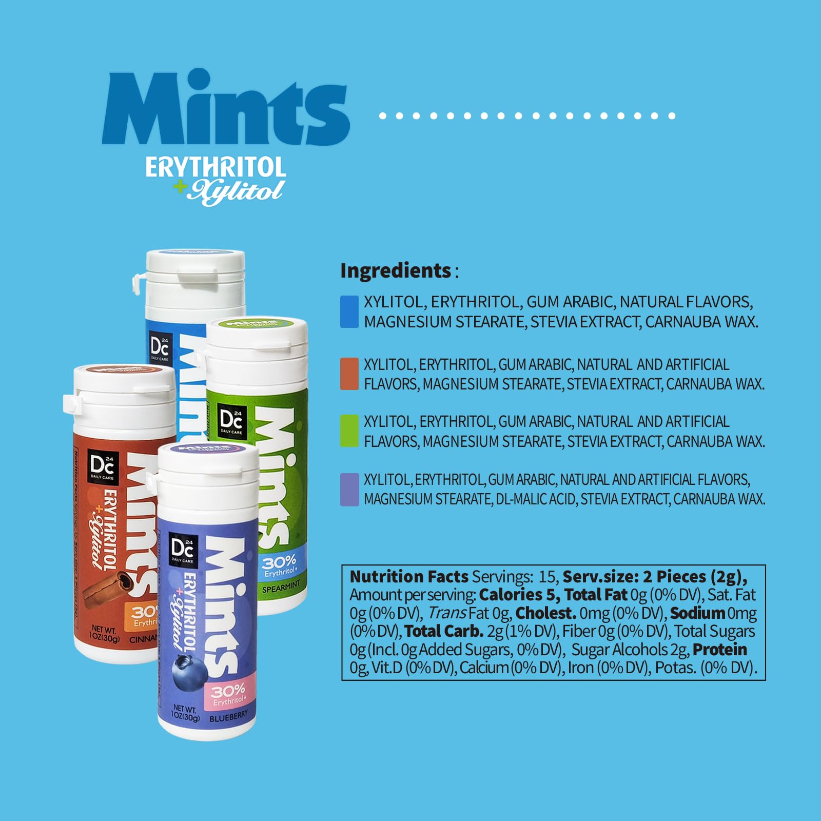 DC24 DAILY CARE nutrition label closeup highlighting sugar-free ingredients
