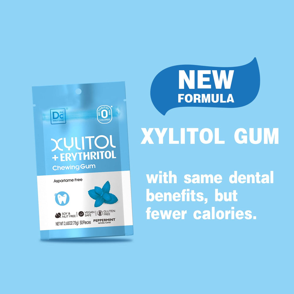 DC24 DAILY CARE gum texture close-up showing low-calorie xylitol-erythritol blend