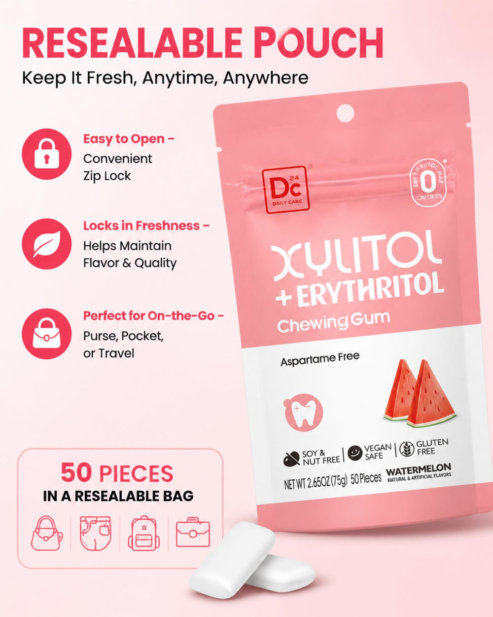 DC24 DAILY CARE gum in a travel bag showing on-the-go freshness and sharing benefit