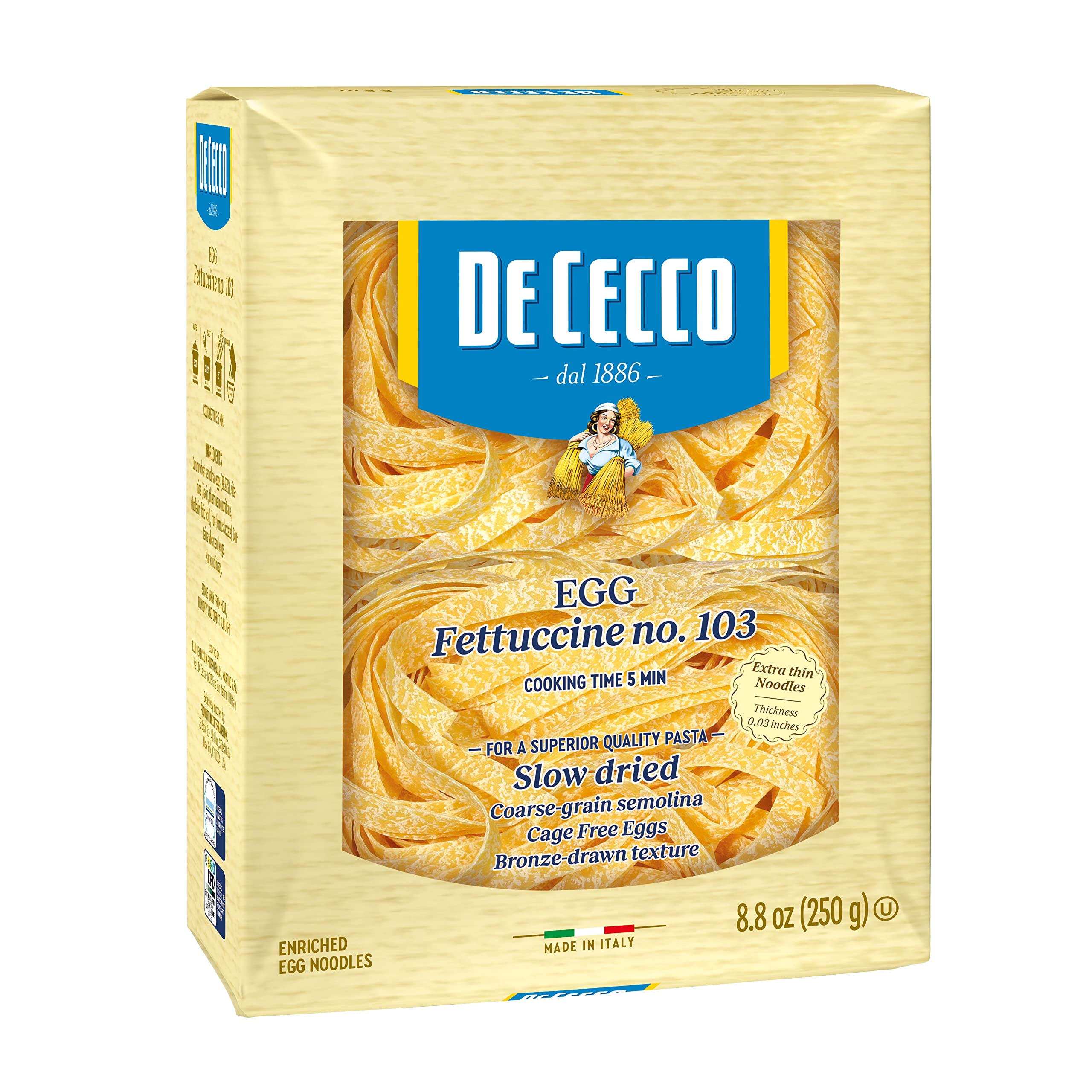 De Cecco front packaging shows label and ingredients, clear Italian quality