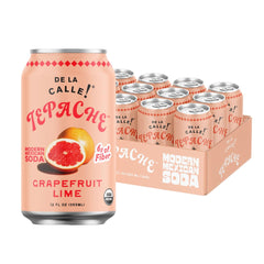 De La Calle Tepache front can showing grapefruit lime branding and bright design benefits portable refreshment