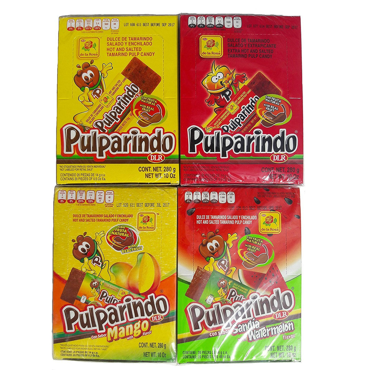 de la Rosa pulparindo front packaging showing four flavored bars for easy gifting