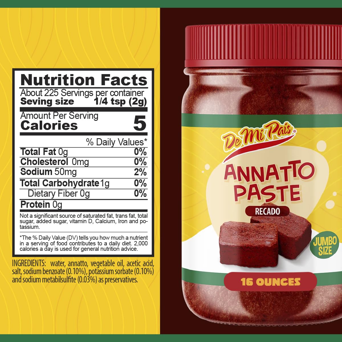 De Mi Pais ingredient label detail showing annatto base and simple ingredients