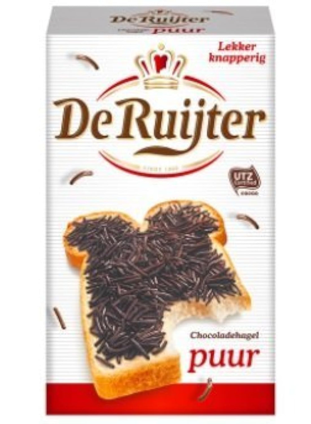 De Ruijter hagelslag puur front packaging shows dark sprinkles, adds rich chocolate flavor