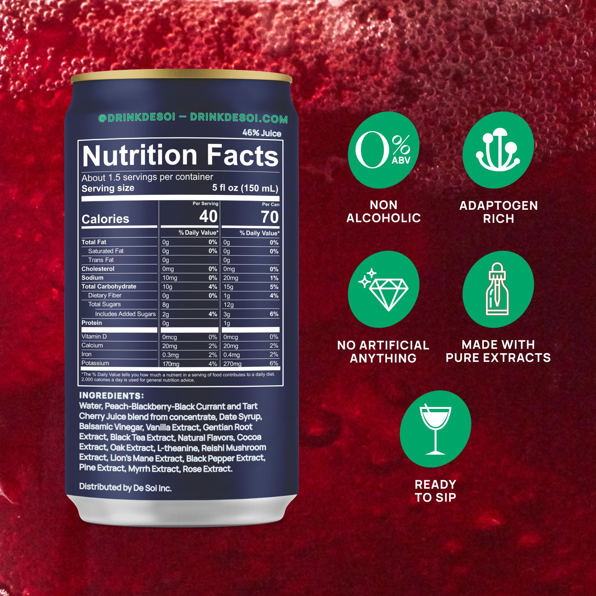 De Soi close-up label showing adaptogen ingredients and clear ingredient transparency benefit