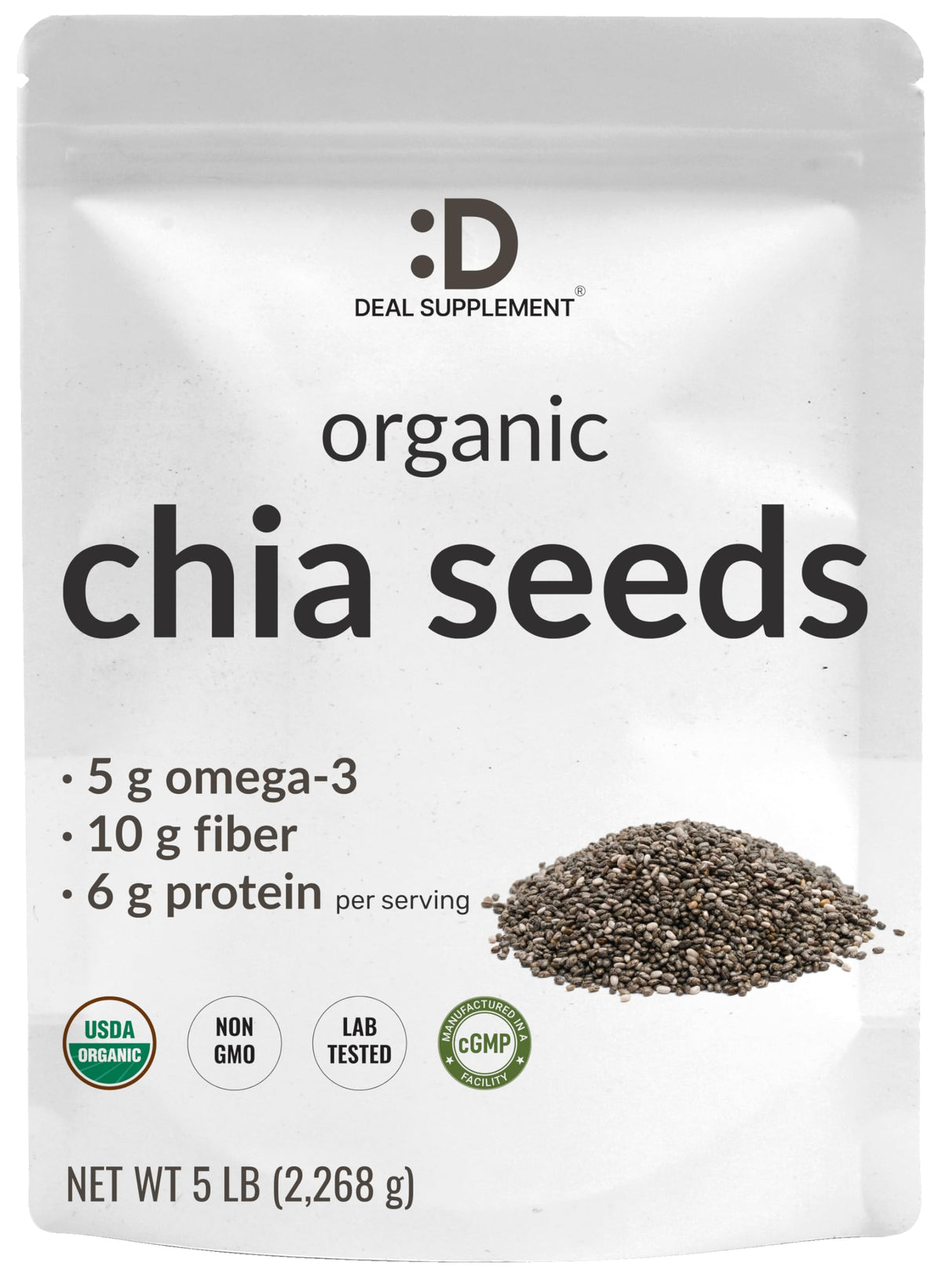 DEAL SUPPLEMENT front pouch showing 5 lb bag and label benefits