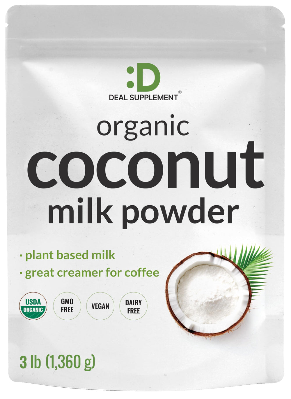 DEAL SUPPLEMENT front package showing organic coconut powder and benefits