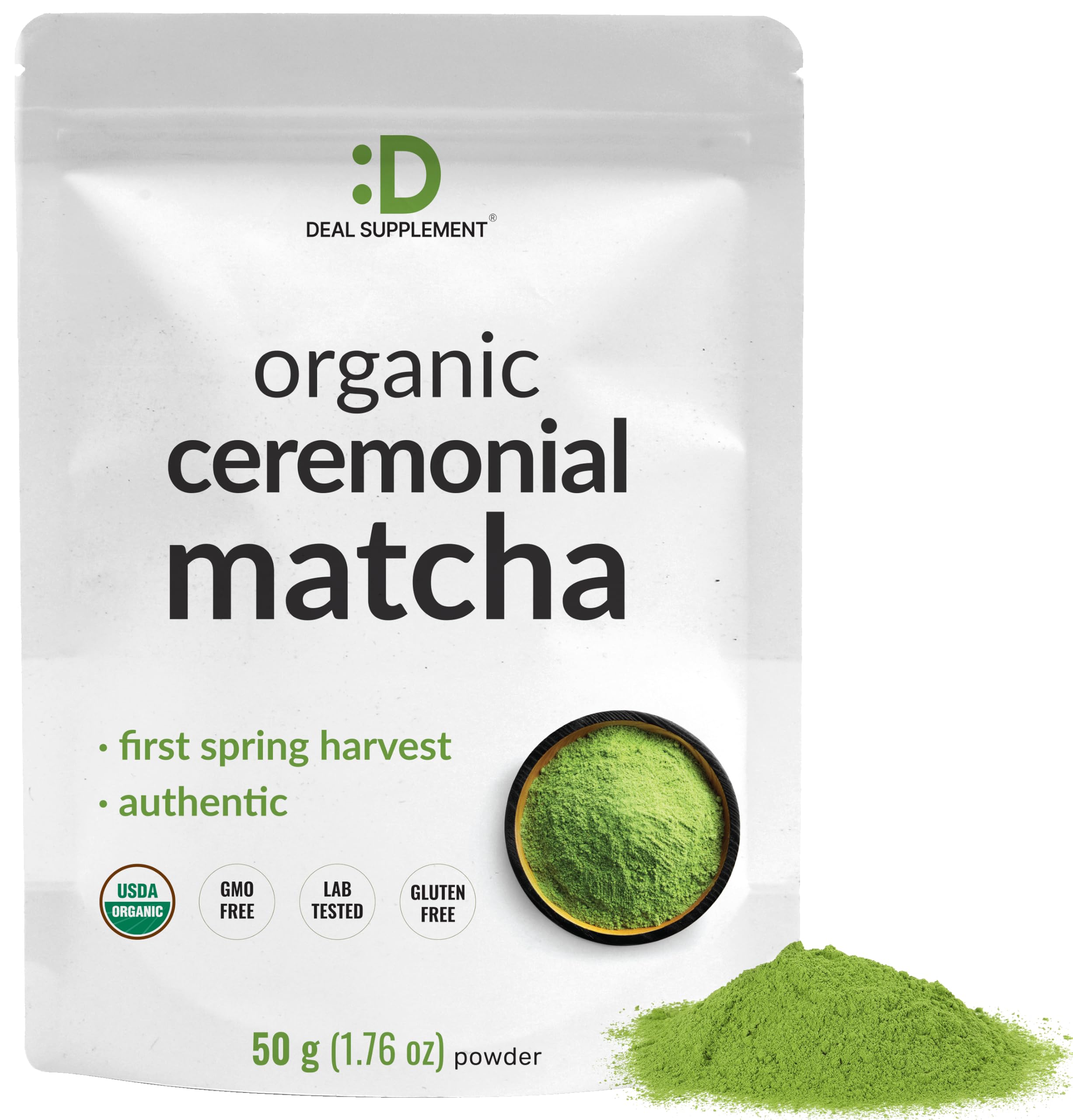 DEAL SUPPLEMENT front pouch showing organic ceremonial matcha and clear branding benefits