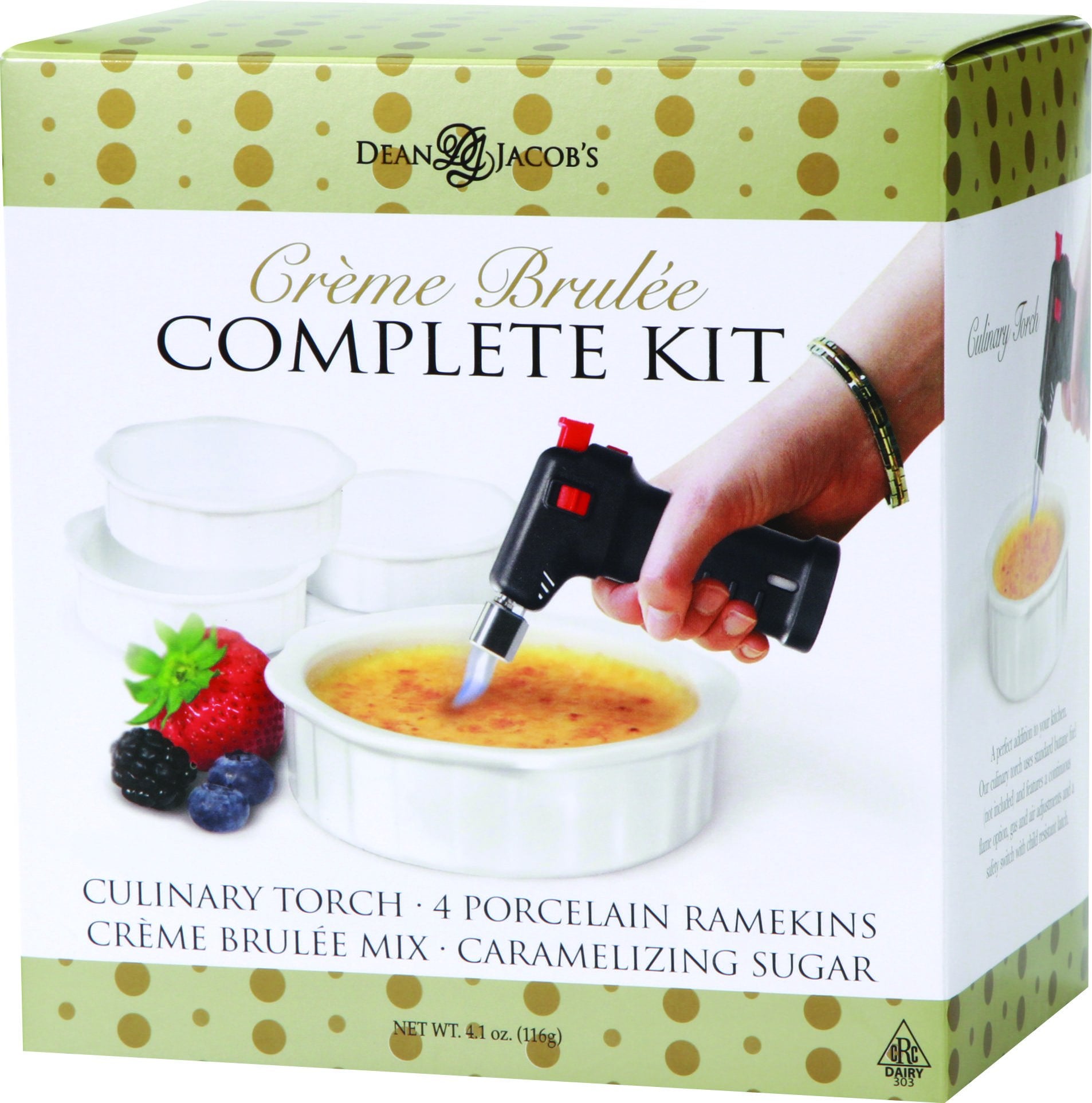 Dean Jacob's front packaging showing full crème brûlée set and contents benefit clarity