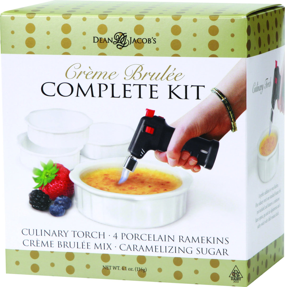 Dean Jacob's front packaging showing full crème brûlée set and contents benefit clarity