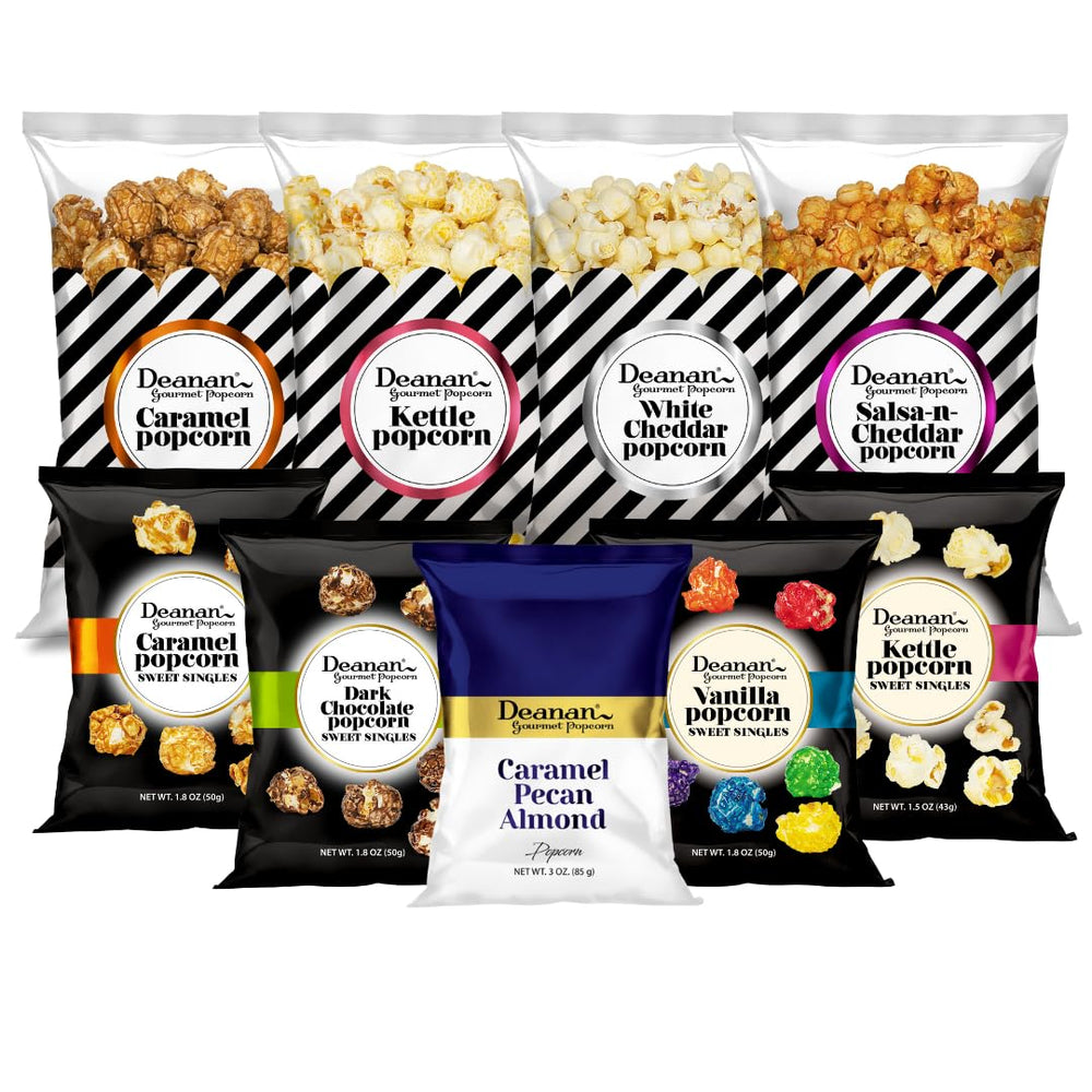 Deanan Gourmet Popcorn gift box front view showing packaging and assortment, great for gifting