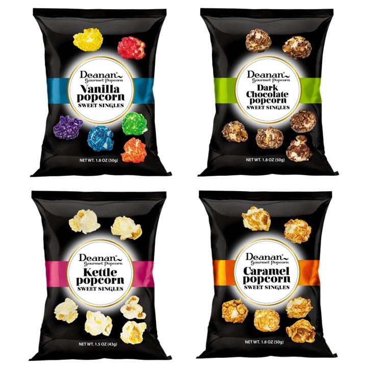 Deanan Gourmet Popcorn premium Caramel Pecan Almond label detail, showcases nutty caramel flavor