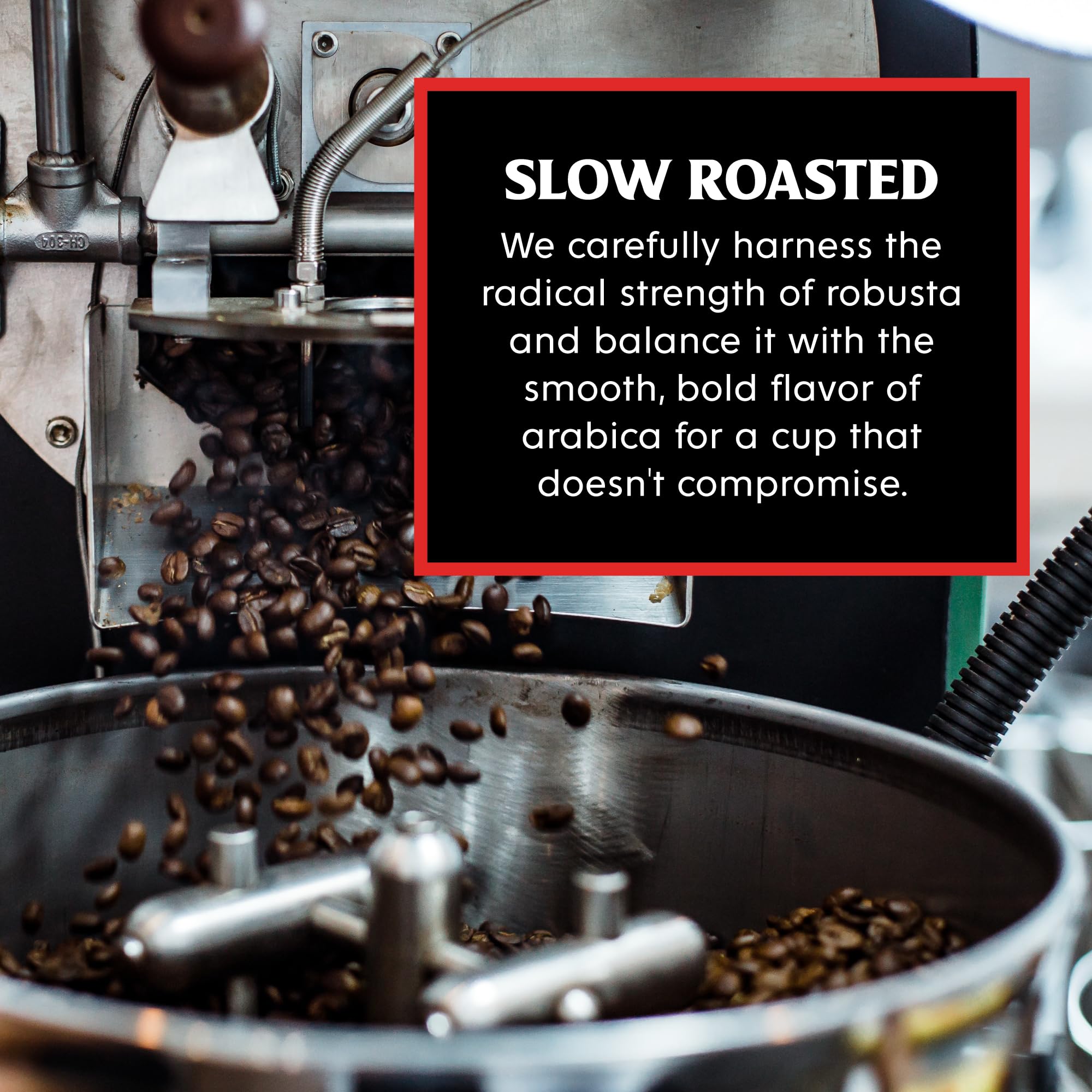 Death Wish coffee beans beside a pod showing blend quality benefit