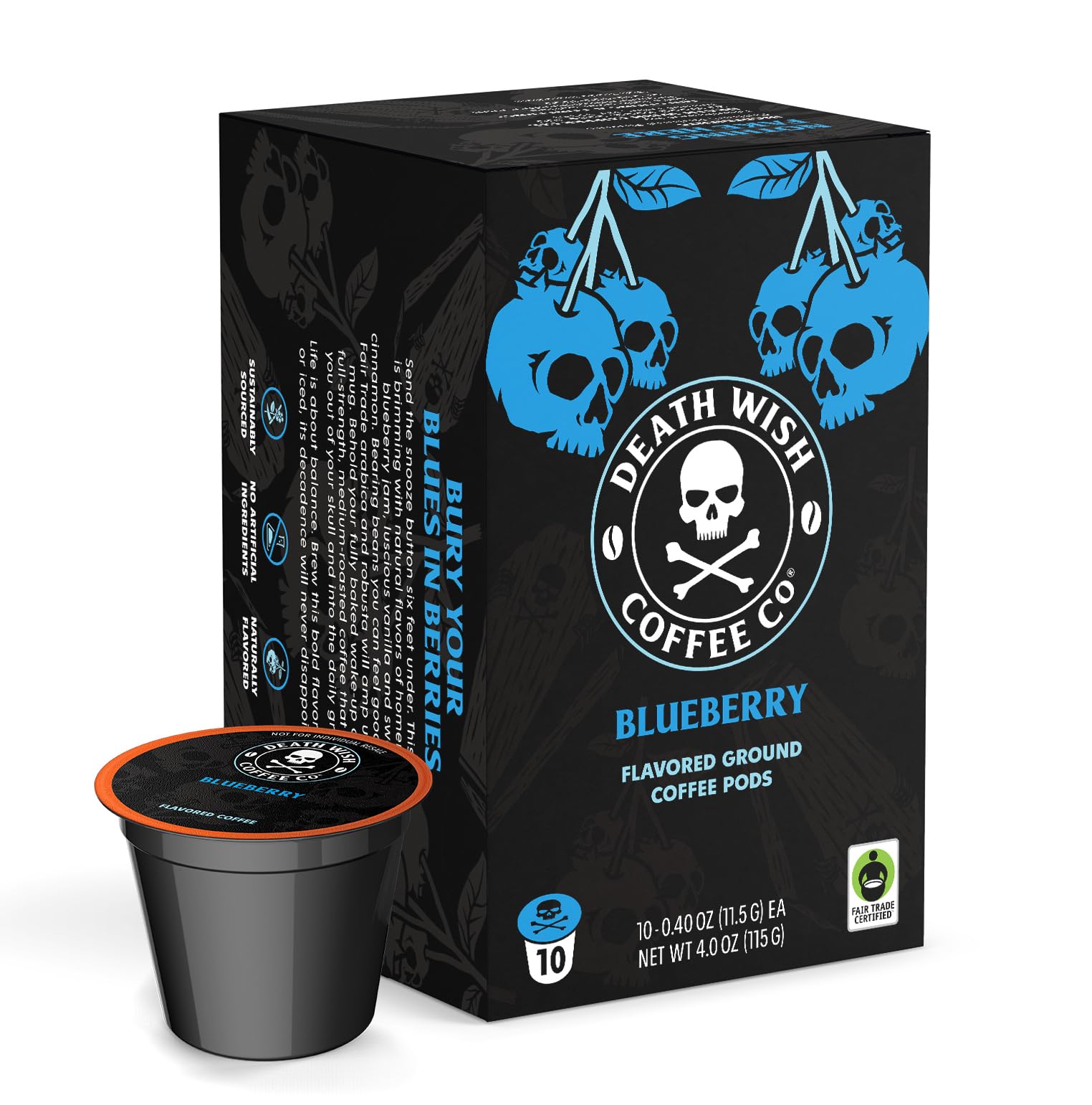Death Wish Coffee front packaging showing bold blueberry vanilla benefit