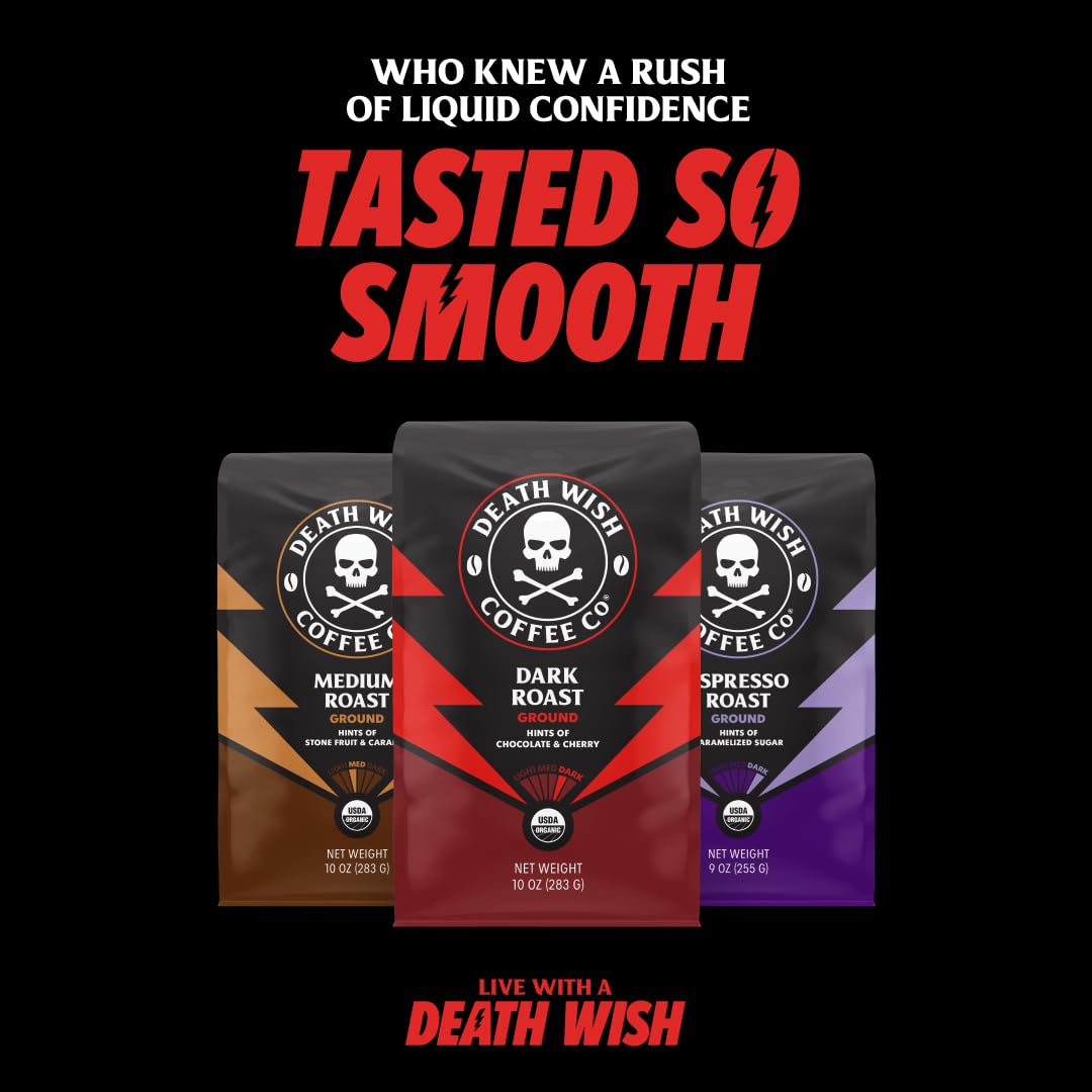Death Wish Coffee brewed cup with foam and chocolate sprinkle highlighting rich flavor