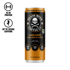 Death Wish Coffee can held in hand for size comparison benefit: portable high-caffeine option