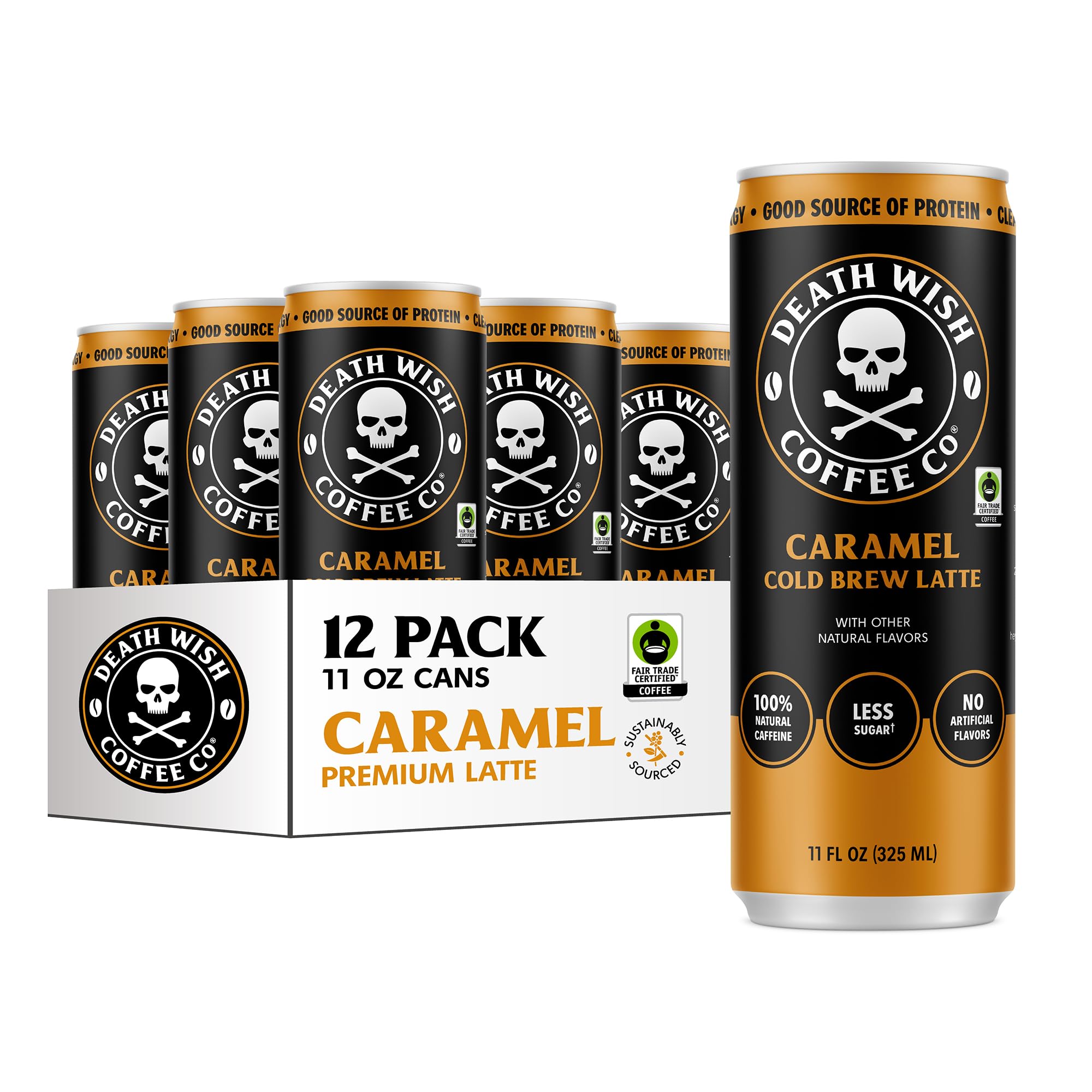 Death Wish Coffee front can view showing caramel latte branding and bold design benefit: easy grab-and-go