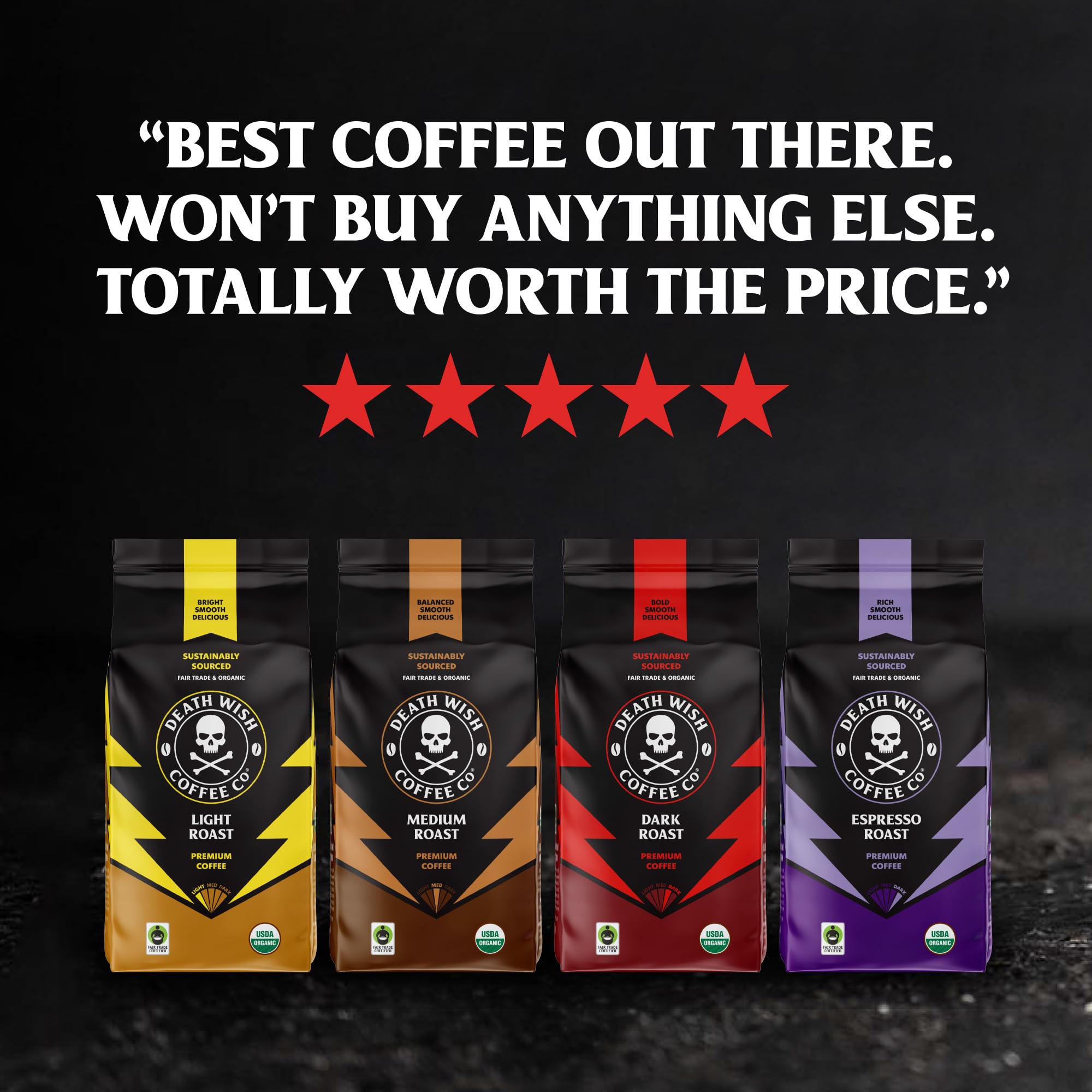 Death Wish Coffee box with USDA Organic and Fair Trade labels for ethical sourcing