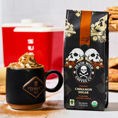 Death Wish Coffee label close-up highlighting organic and cinnamon sugar description for trust