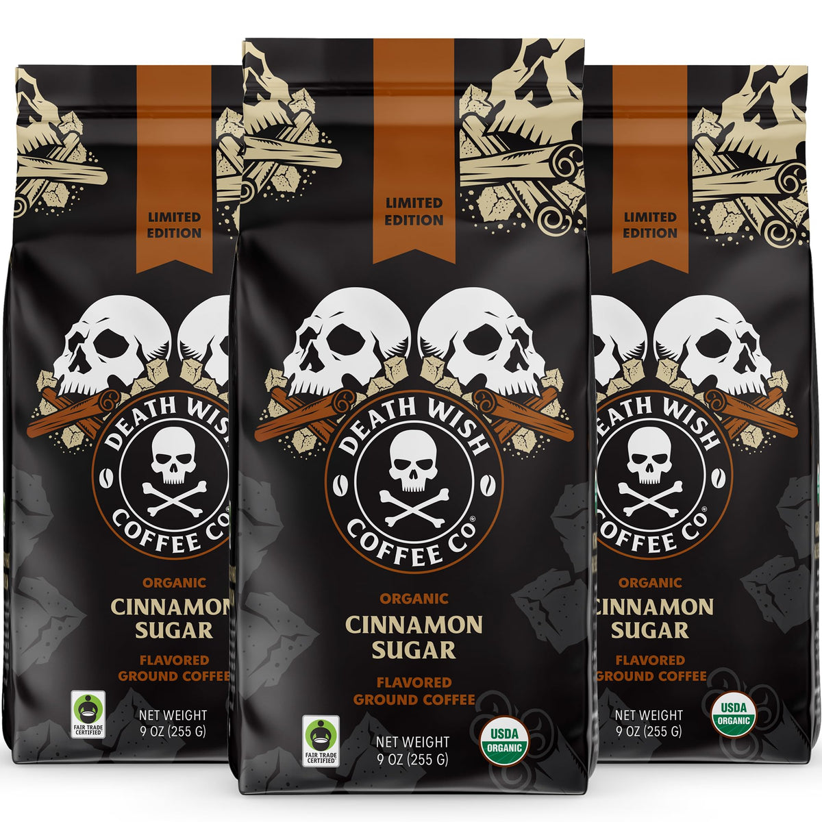 Death Wish Coffee front packaging showing 27 oz bag and bold branding benefit clear product identity