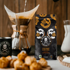 Death Wish Coffee open bag with scoop of grounds illustrating easy use and freshness