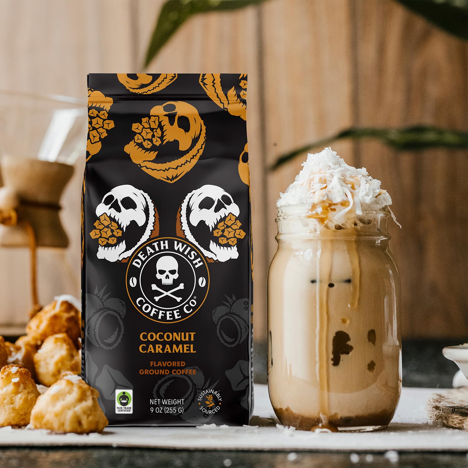 Death Wish Coffee brewed pour-over into a mug highlighting rich color and bold flavor