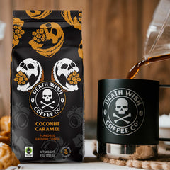 Death Wish Coffee close-up of ground coconut caramel coffee showing rich texture and aroma