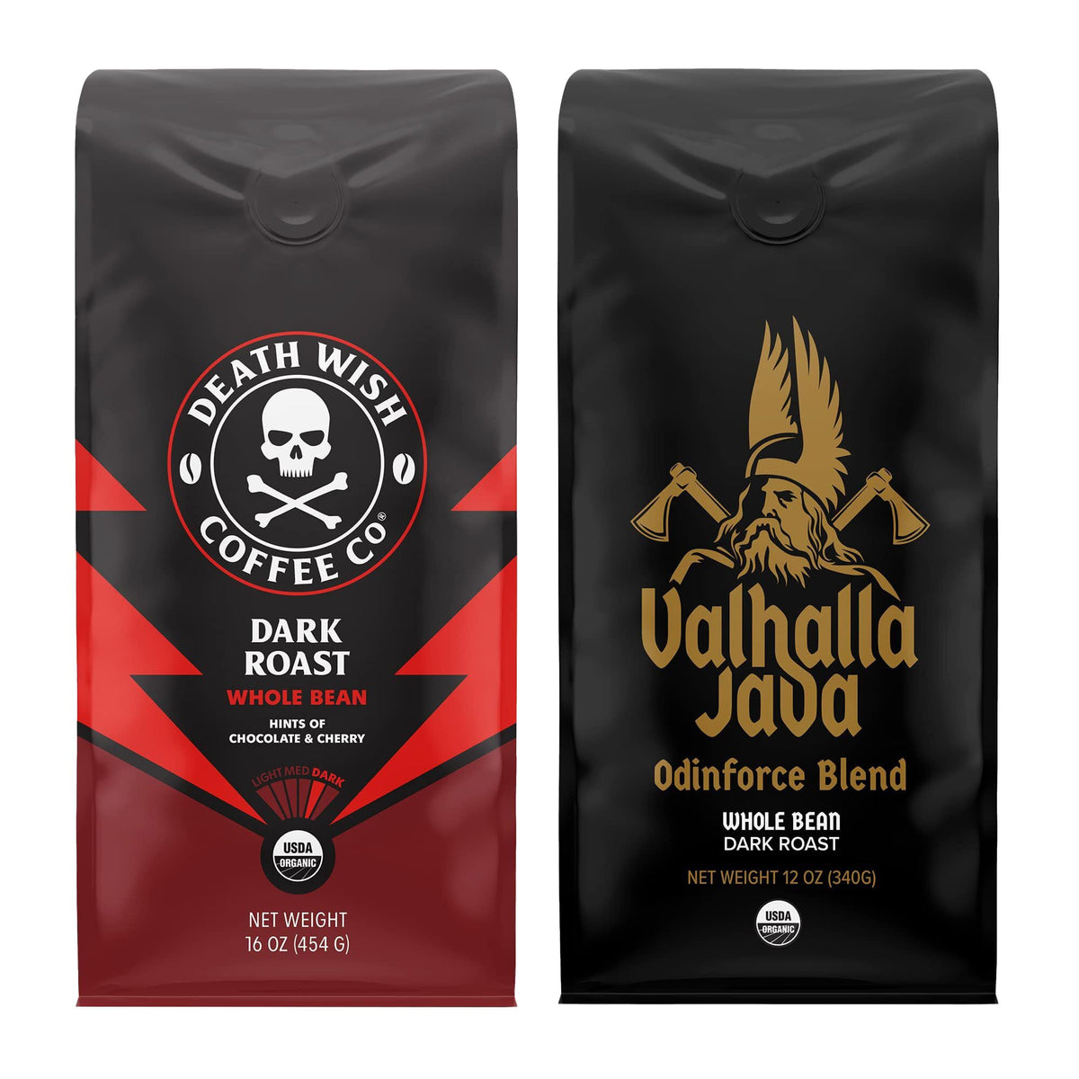 Death Wish Coffee bundle front pack showing organic dark roast and Valhalla Java benefits of bold flavor