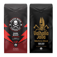 Death Wish Coffee bundle front pack showing organic dark roast and Valhalla Java benefits of bold flavor