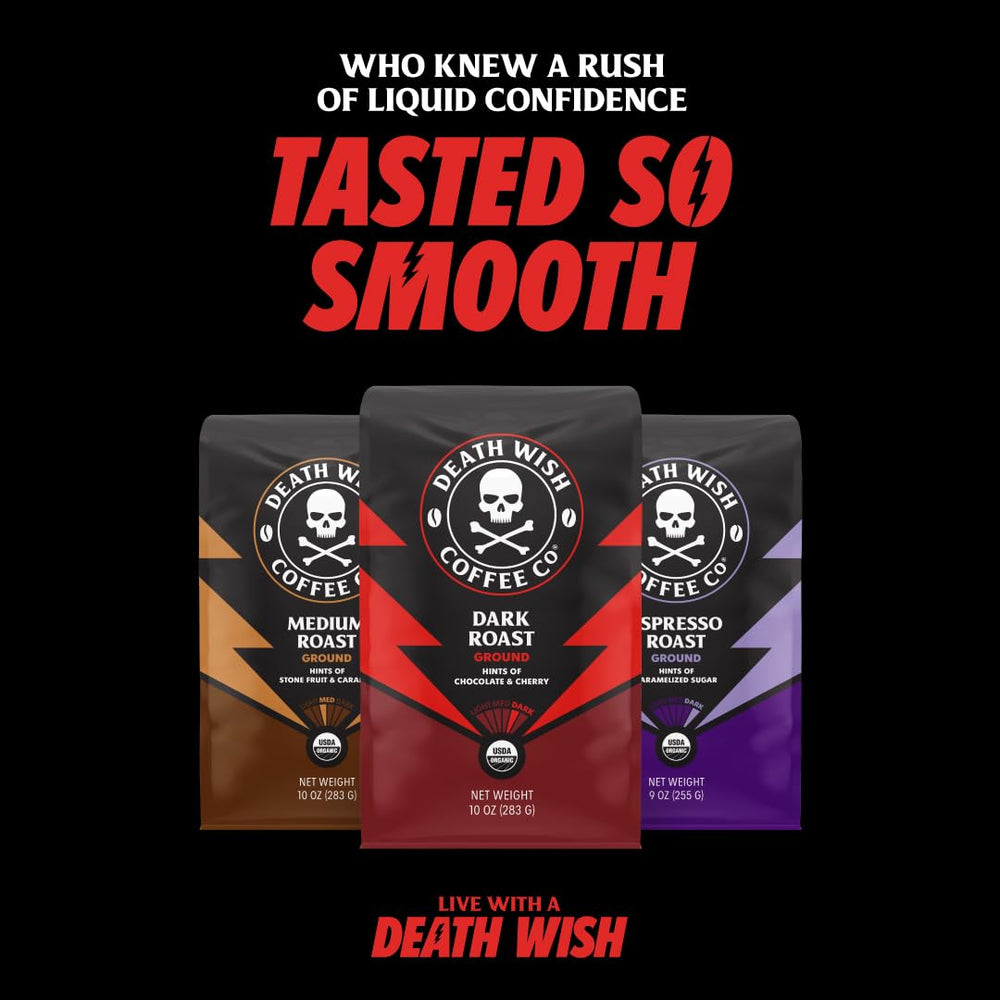 Death Wish Coffee cup on kitchen counter lifestyle shot showing everyday energy benefit