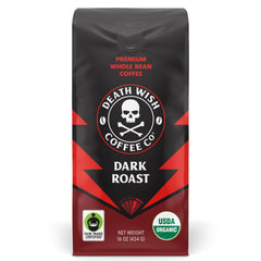 Death Wish Coffee front packaging showing bold branding and 16 oz bag benefit freshness
