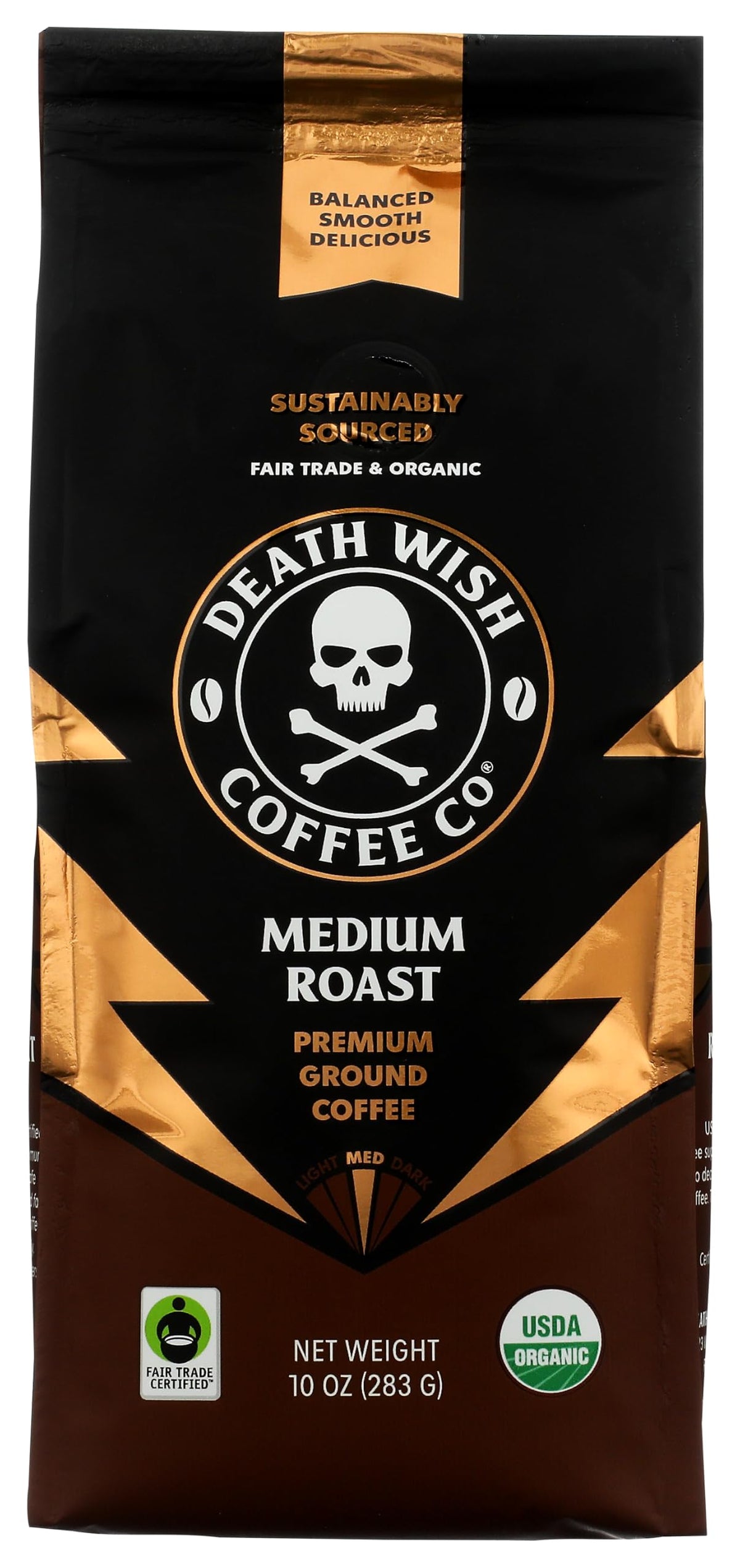 Death Wish Coffee front packaging 10oz showing bold branding and organic badge for confident choice