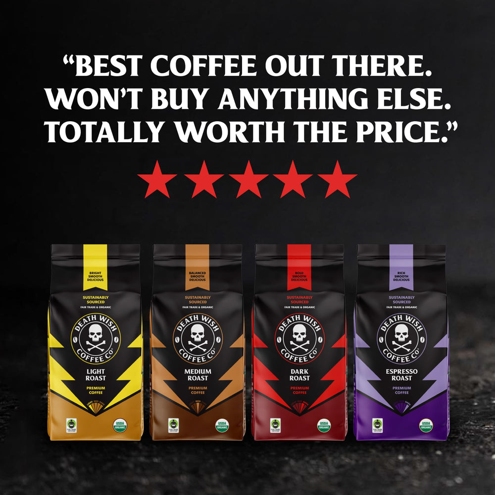 Death Wish Coffee open pod showing ground coffee texture highlighting bright flavor profile