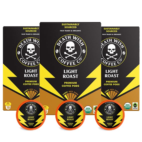 Death Wish Coffee front packaging showing 30-count pods and organic labeling benefit clarity