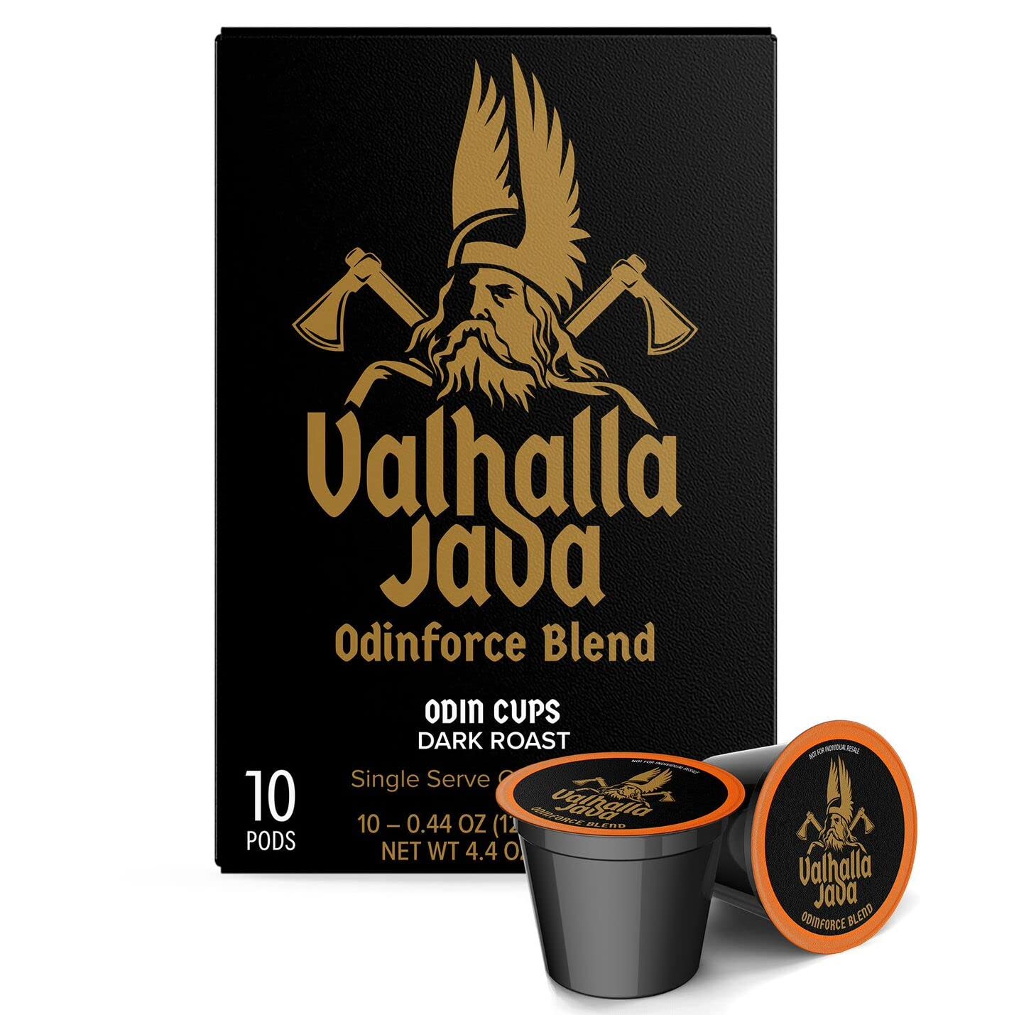 Death Wish Coffee Valhalla Java front packaging showing pods and bold branding