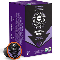 Death Wish Coffee box front showing bold espresso roast and organic benefit