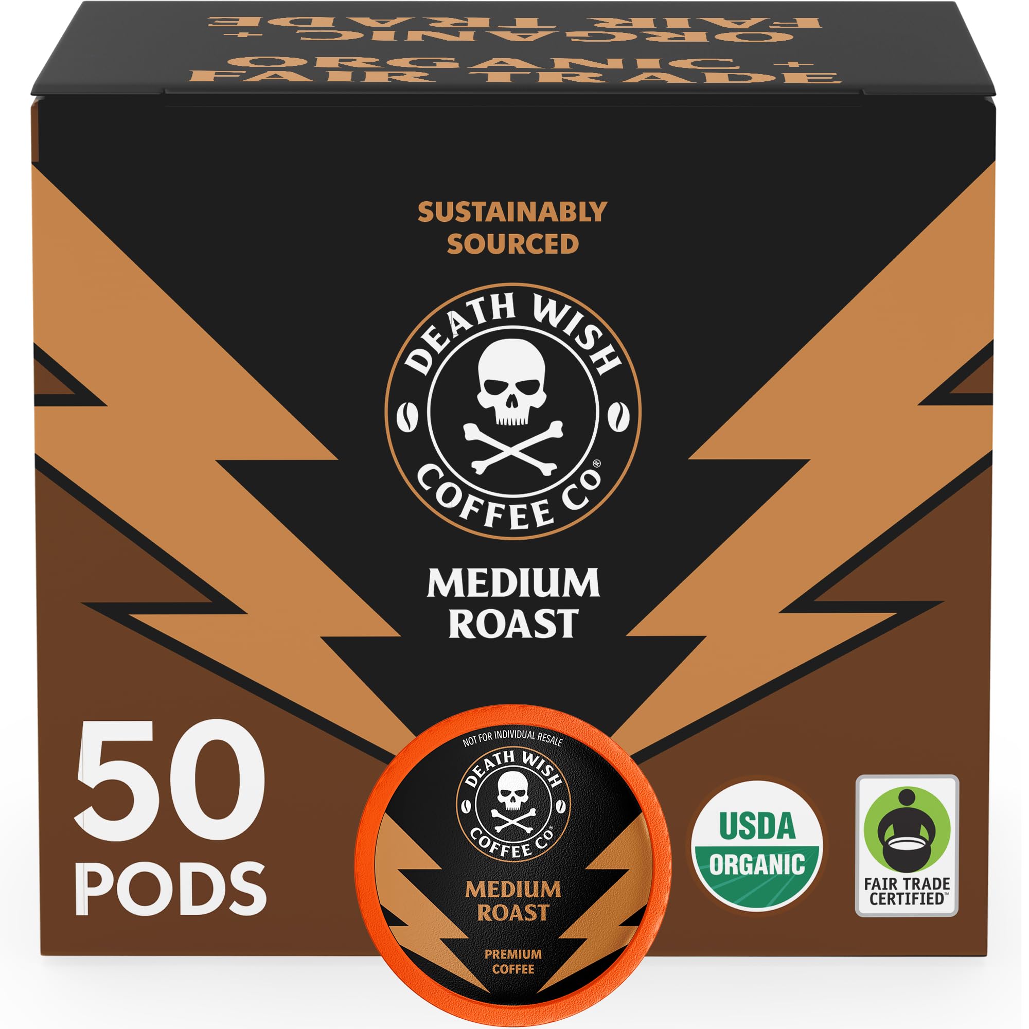 Death Wish Coffee front packaging showing bold medium roast and organic label benefit