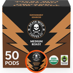 Death Wish Coffee front packaging showing bold medium roast and organic label benefit