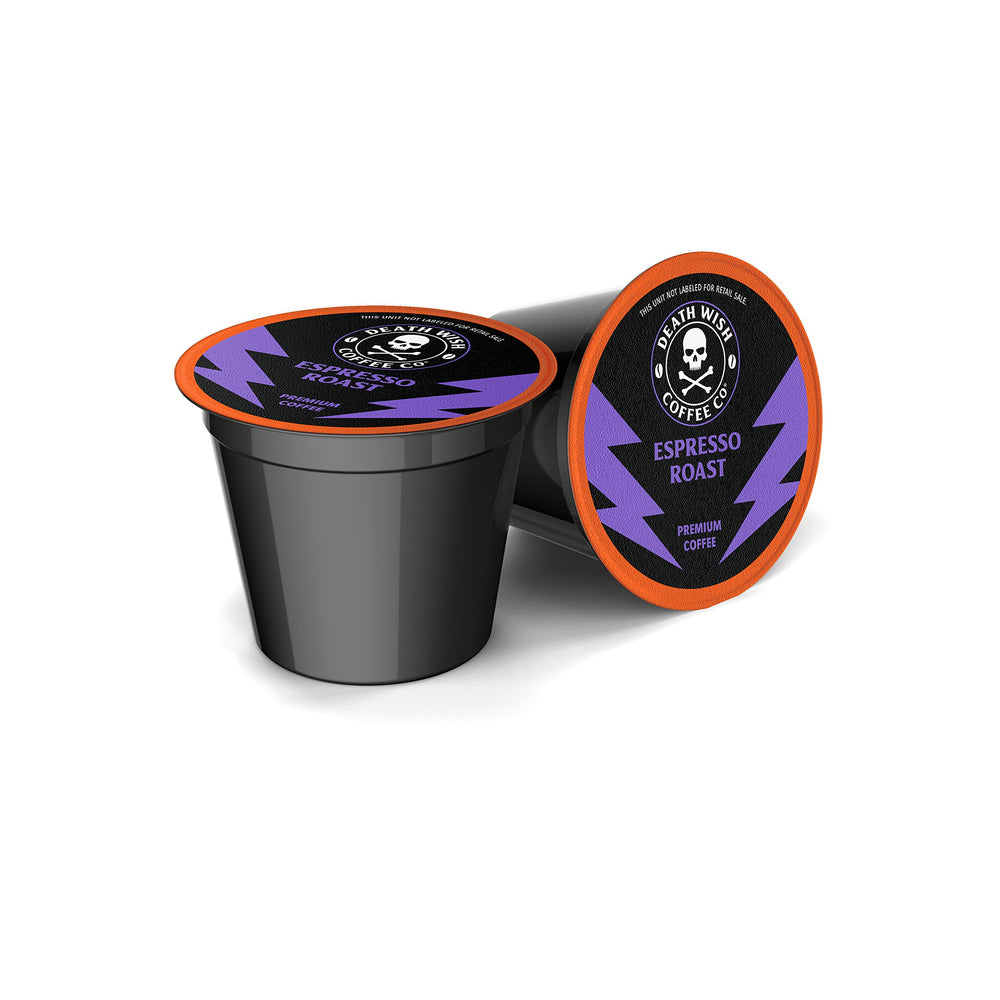 Underside of Death Wish Coffee pod showing label and compatibility benefit