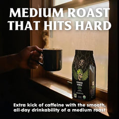Death Wish Coffee close-up of roasted beans highlighting rich roast for flavor