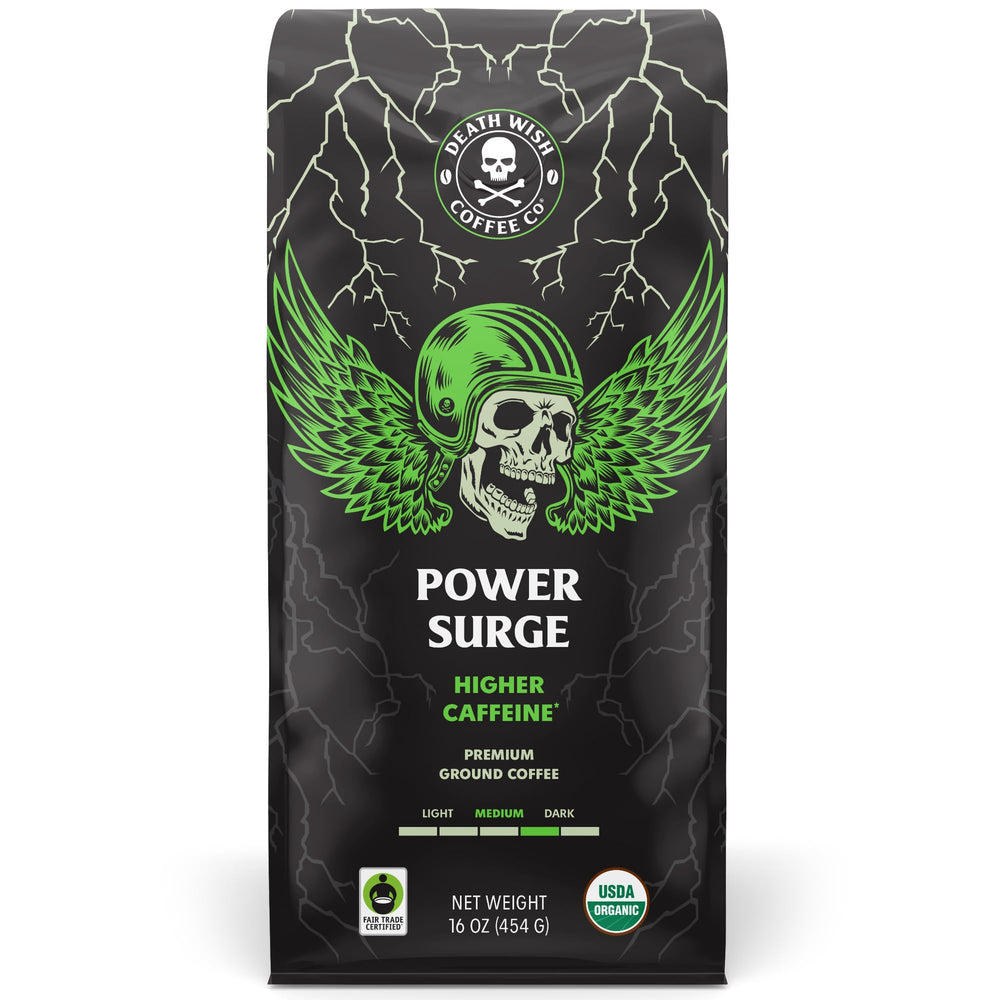 Death Wish Coffee front packaging showing 16 oz bag and bold branding
