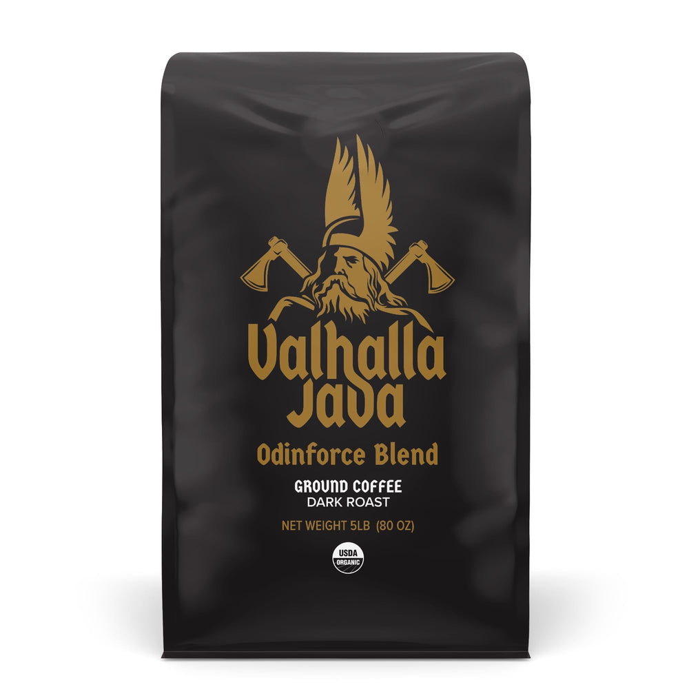 Death Wish Coffee front bag showing Valhalla Java branding and bold design