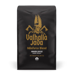 Death Wish Coffee front bag showing Valhalla Java branding and bold design